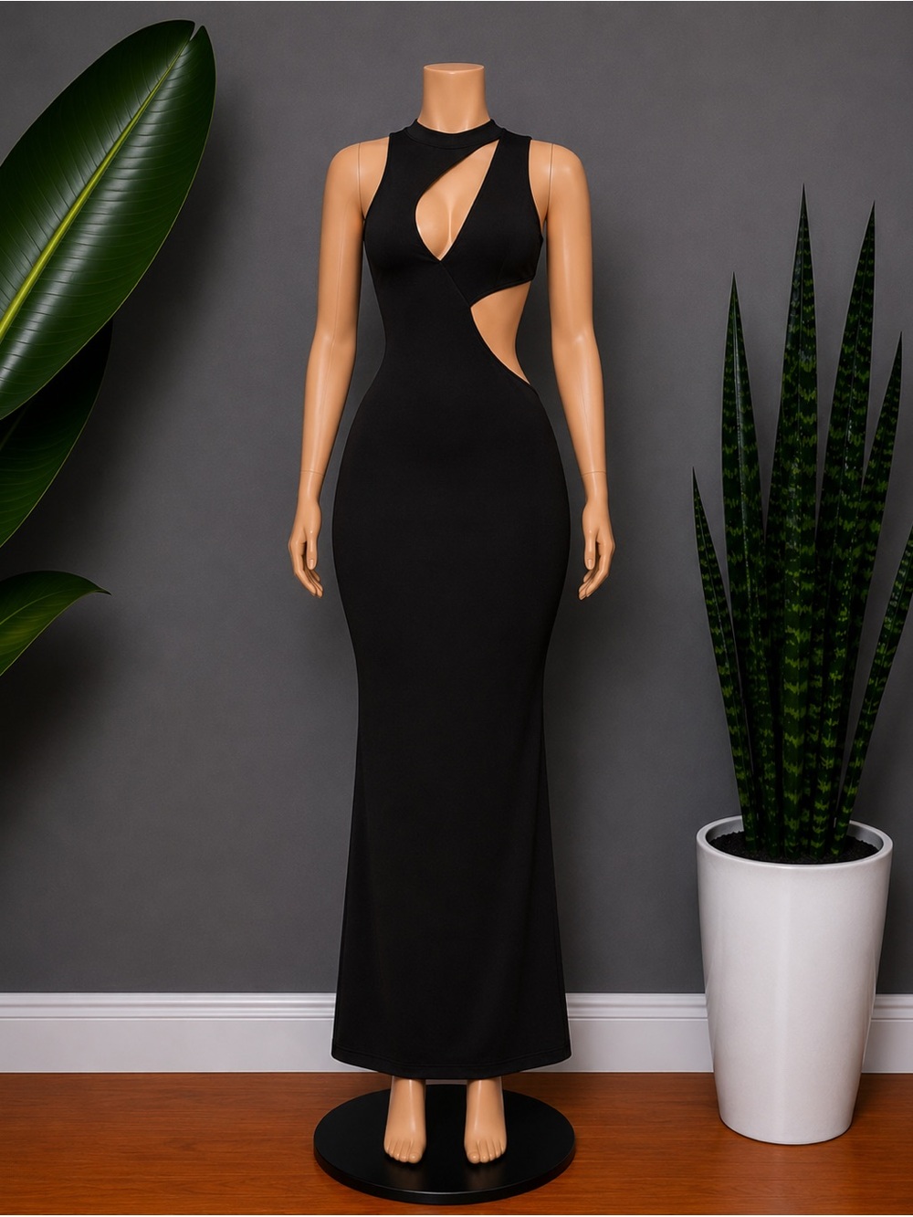 Classic Black Midi Dress with Cutout Detail - Timeless Elegance